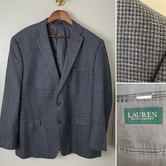 Lauren‎ Ralph Lauren Men's 48R Blazer Wool Silk Houndstooth 2B/4B Blue Gray